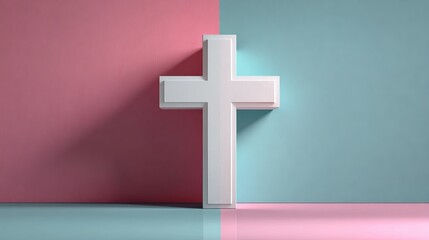 Obraz premium Minimalist White Cross Icon on Pastel Background for Spiritual Themes