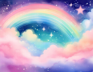 Kawaii Fantasy Pastel Sky with Stars, Moon and Rainbow