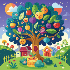 Magical cartoon landscape with a charming fairy tale house, colorful flowers, and playful animals under a sunny sky, perfect for a child's summer adventure