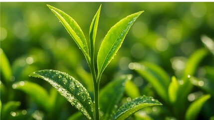 Close up of fresh green tea leaves with dew drops glistening in the morning sunlight