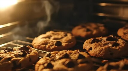 Freshly baked chocolate chip cookies on a wire rack.