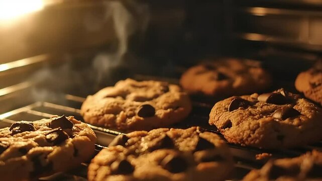 Freshly baked chocolate chip cookies on a wire rack.