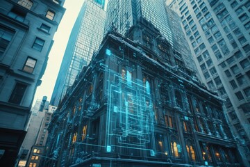 Fototapeta premium City skyline with a large building in the middle with a blue circle. New york city buildings cybersecurity hud hologram and lock circuit privacy.