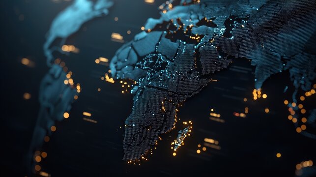 Digital representation of the African continent illuminated with glowing dots on a dark background