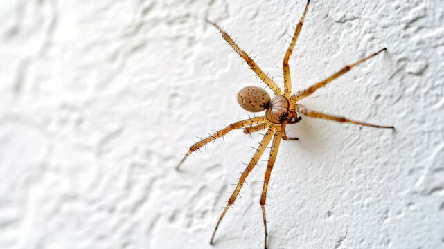 A small brown spider with yellowish markings and two extra legs.