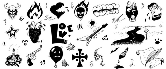 Doodle Rock Punk Tattoo Icons Set – Grunge Y2K Vector Elements