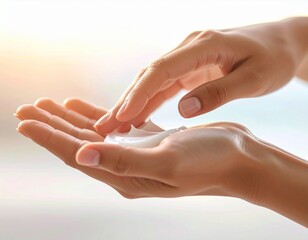 Woman applies moisturizing cream on her hands for skin care, hygiene and wellness in a bright and clean setting.