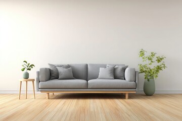 Minimalist Living Room with Gray Sofa Wooden Floor and Green Plant