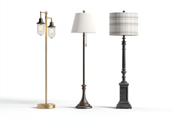 Obraz premium Three stylish floor lamps with varying designs; one features a double-bulb caged head, another a simple off-white shade, and the third a patterned cylindrical shade atop an ornate base