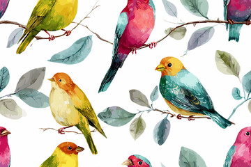 Seamless pattern, hand-painted colorful birds perched on delicate branches, vibrant watercolor style with rich textures and soft blending, detailed feathers and foliage, bright palette