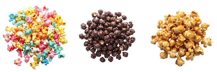 Fototapeta premium Set of delicious multi-colored popcorn with different flavors isolated on transparent background PNG. Caramel, chocolate and fruit popcorn