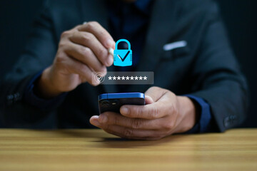 Cyber Security Businessman Entering Password on Smartphone Focus on Data Encryption Internet Privacy Secure Login