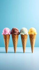 Four ice cream cones on a blue background