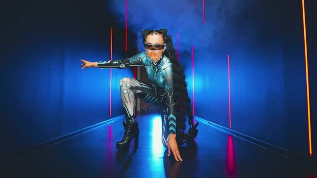 Fashion model posing Fantasy cyborg woman creative robot costume metal body, cyberpunk style braid hairstyle. Sexy alien girl immersed in virtual reality war, warrior future vr. hands hands throw hair