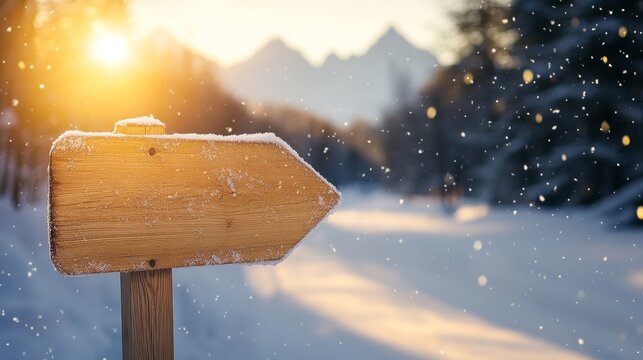 Blank wooden sign arrow in snow road with light background - Powered by Adobe