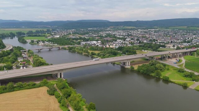 Moselle Viaduct Schweich near Trier, bridge of highway crossing the Mosel river in the valley, german autobahn, aerial view