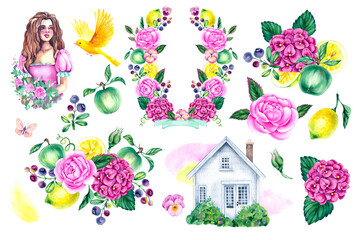 Watercolor illustration of cozy country garden with girl, blooming flowers, apples, lemons, wreath, bouquet. Set with hand drawn roses, hydrangeas, blueberries, citrus fruits and yellow bird, country 