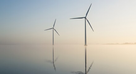 Obraz premium Two wind turbines stand tall in a misty landscape, their reflections mirroring perfectly on the still water.