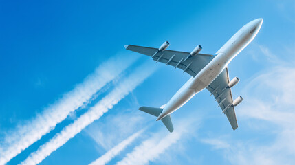 Obraz premium Airplane climbing into a clear blue sky, leaving white contrails against a backdrop of soft clouds.