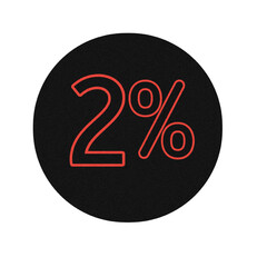 Red neon outline of two percent symbol on black circle isolated on transparent background