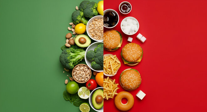 Healthy versus unhealthy food choices are visually compared, showcasing fresh produce against processed burgers and sugary snacks.
