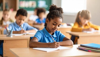 A young black student is taking notes on a notebook during a lesson.