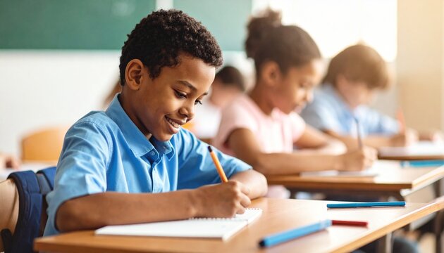 A young black student is taking notes on a notebook during a lesson. - Powered by Adobe