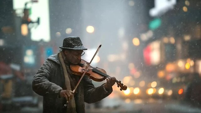Violinist Performing in a Blizzard with Snowy Background