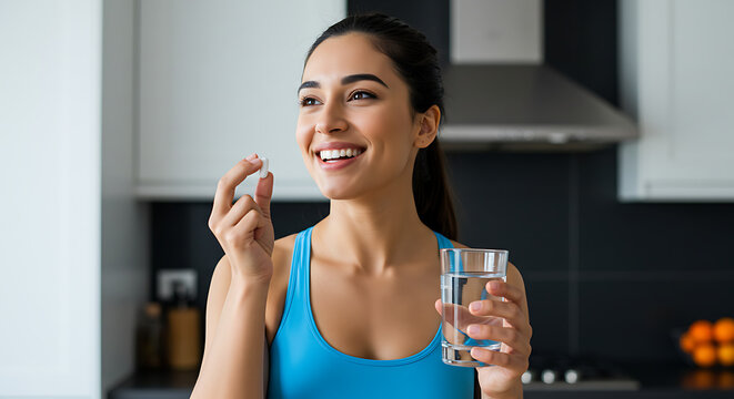 Woman taking pill with water in kitchen for health and wellness - Powered by Adobe