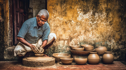 a man sitting in a room with lots of pottery on a table and a wheel in front of him
