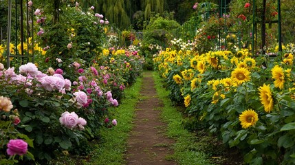 Fototapeta premium A vibrant garden path lined with blooming pink roses and cheerful sunflowers, creating a serene and colorful outdoor escape.