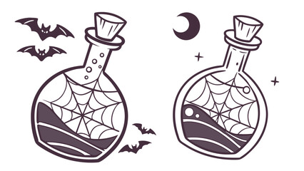 Two potion bottles with spiderwebs, bats, moon and stars in a halloween themed black and white drawing