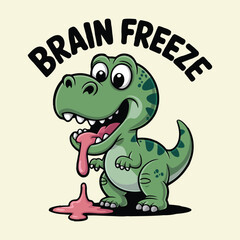 Cartoon dinosaur with brain freeze and dripping ice cream