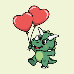 A cartoon dinosaur holding two heart shaped balloons