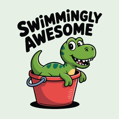 A cartoon dinosaur sitting in a red bucket illustration
