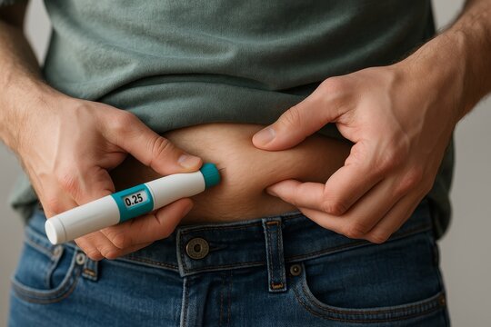 A man self-injects a GLP-1 treatment using an injector pen on his belly. Pen for semaglutide, aiding in weight loss