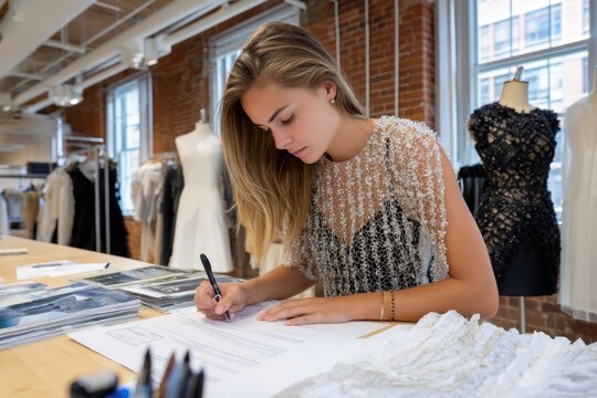 Fashion designer sketches designs in studio with elegant garments displayed around her