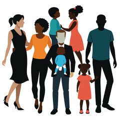 Obraz premium A collection of diverse silhouette groups: men, women, children, and business teams walking and standing