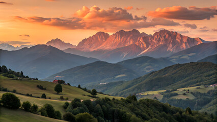 Sunrise and sunset views over misty mountain peaks with colorful sky and natural landscape