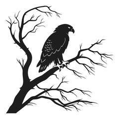 A black silhouette of an eagle perched on a bare branch