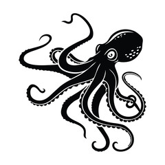 A black and white graphic illustration of an octopus