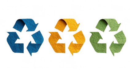 Three stylized recycling symbols, in blue, orange, and green, on a black background