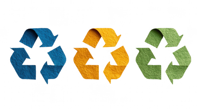 Three stylized recycling symbols, in blue, orange, and green, on a black background