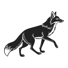 A black and white illustration of a fox walking forward