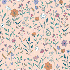 whimsical floral design featuring a variety of delicate hand-drawn flowers and leafy sprigs.