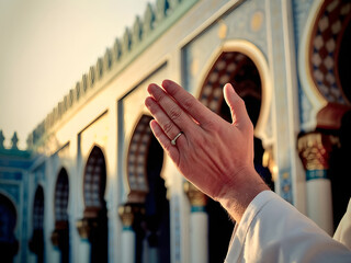 Close up hands of a Muslim man, praying pose hands open to the sky. Isolated against mosque background