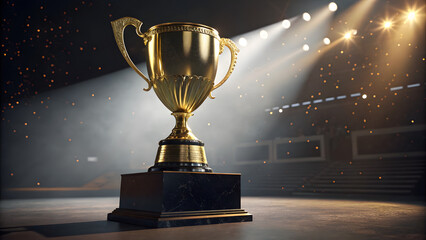 Shiny gold champion's trophy cup on a podium, symbolizing success and first place victory in competition