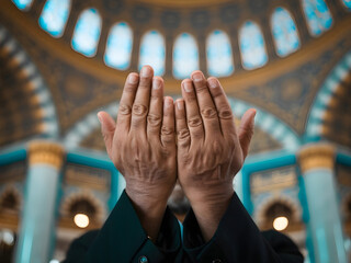 Close up hands of a Muslim man, praying pose hands open to the sky. Isolated against mosque background