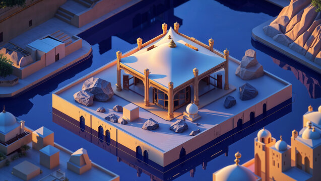Isometric view of an indian temple floating on water with surrounding architecture
