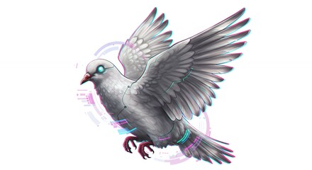Futuristic white pigeon in flight illustration